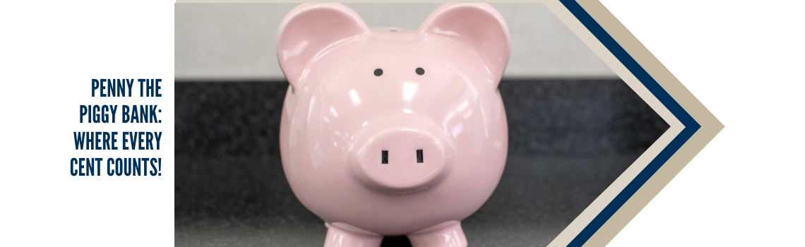 "A close-up of Penny the Piggy Bank, a pink ceramic piggy bank, on a dark countertop. Text on the left reads 'Penny the Piggy Bank: Where Every Cent Counts!'"